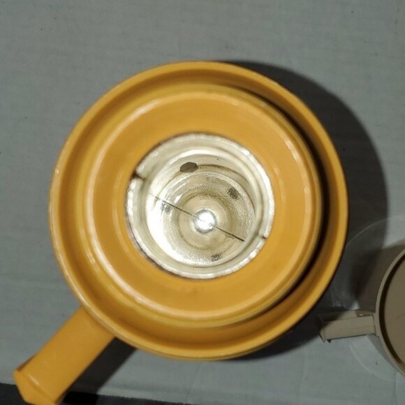 Vintage Thermos Brand Glass INSIDE Travel Coffee Container Harvest Gold Cup Lid - Picture 7 of 16